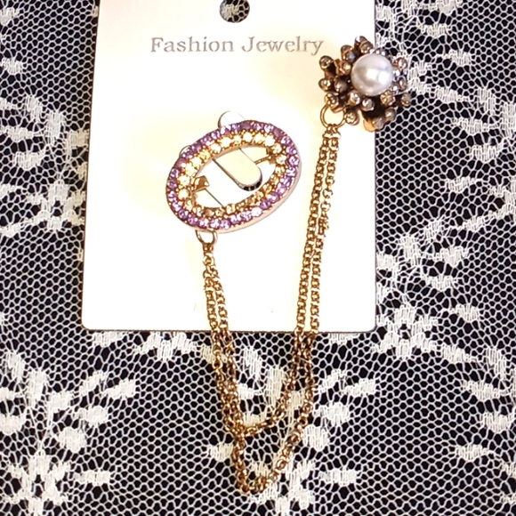 Tanzanite & Pearl Rhinestoned Chain Brooch - Picture 3 of 11